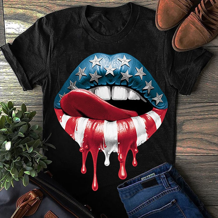 Classic T-Shirt For Men Women Dipping Lips Licking Patriotic American Flag Art Printed Shirt For Independence Day