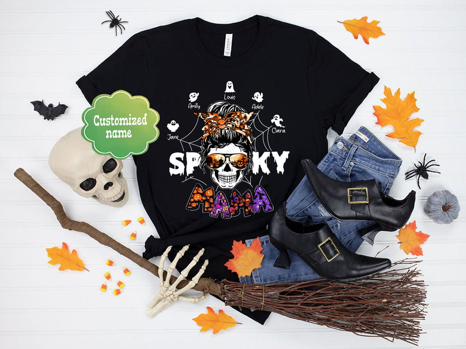 Personalized T-Shirt For Grandma Spooky Mama Messy Bun Hair With Pumpkin Spider Ghost Printed Custom Grandkid's Name