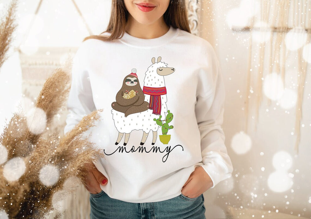 Personalized Santa Sloths And Llama Sweatshirt For Mother From Daughter Son Custom Mommy T Shirt For Winter Holiday