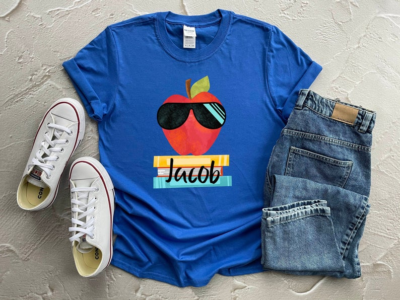 Personalized T-Shirt For Kid Cool Apple With Glasses & Book Printed Custom Name Back To School Outfit Shirt For Boy Girl