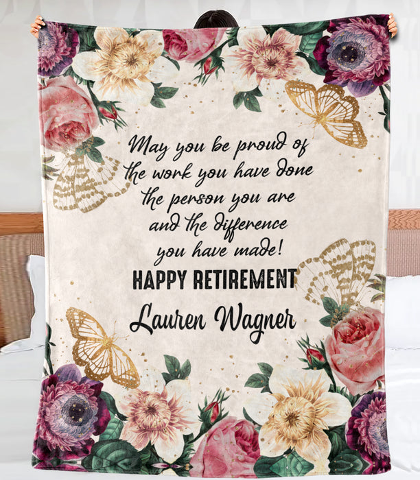 Personalized Happy Retirement Fleece Blanket To My Grandma Mom Floral Butterflirs Print Customized Name