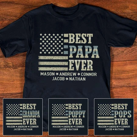Personalized T-Shirt For Grandpa Best Papa Ever Vintage USA Flag Printed Custom Grandkids Name Father'S Day Shirt