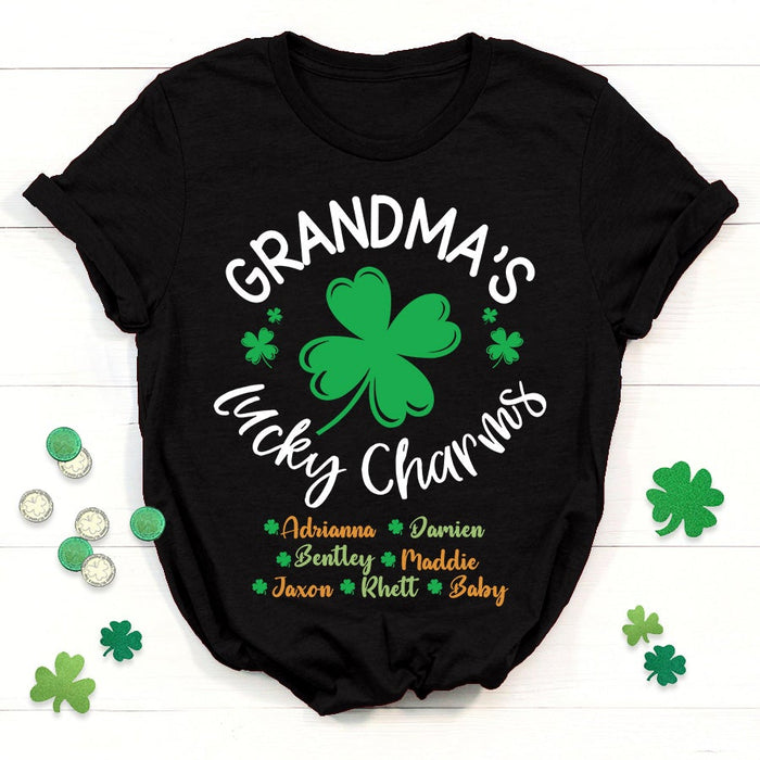 Personalized Patrick's Day T-Shirt Grandma Lucky Charms Cute Shamrock Printed Custom Grandkids Name