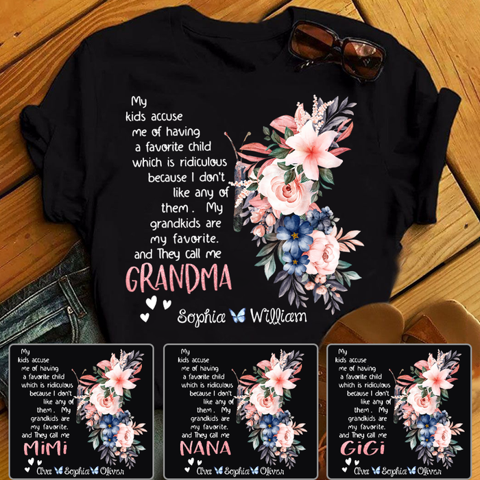 Personalized T-Shirt For Grandma Butterfly Artwork & Beautiful Flower Printed Custom Grandkids Name