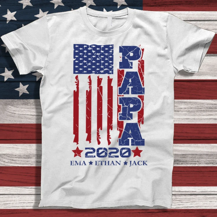 Personalized T-Shirt For Grandpa Papa 2022 America Flag Design Custom Grandkids Name Independence Day Shirt