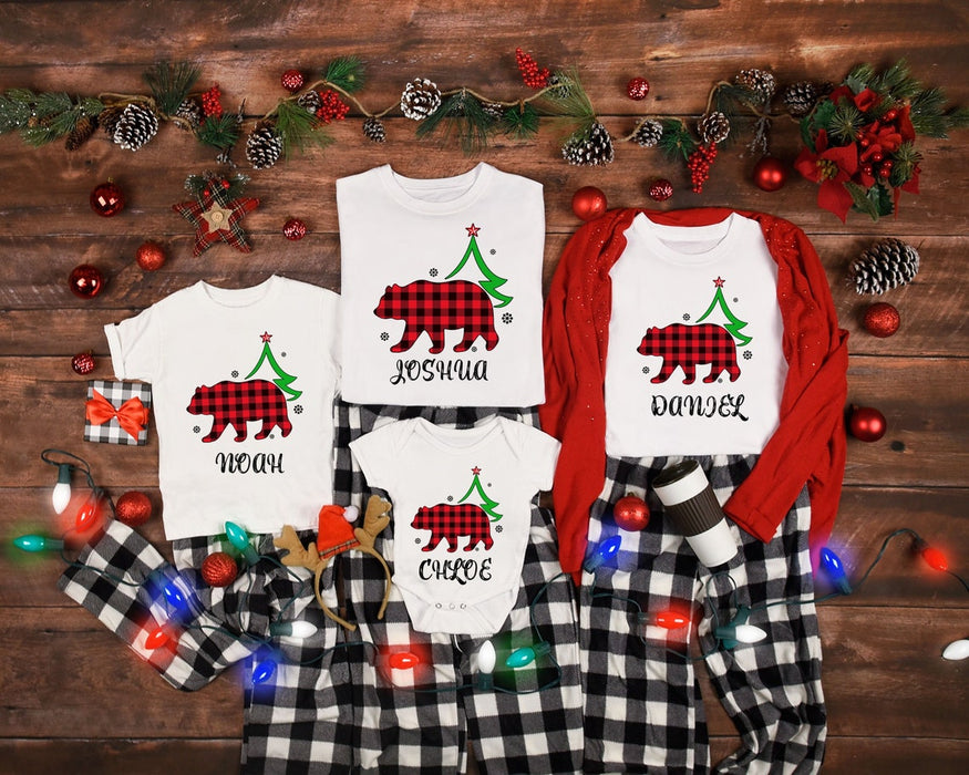 Personalized Matching Family Xmas Tshirt For Members On Holiday Custom Name Red Plaid Buffalo Bear Tee Graphic