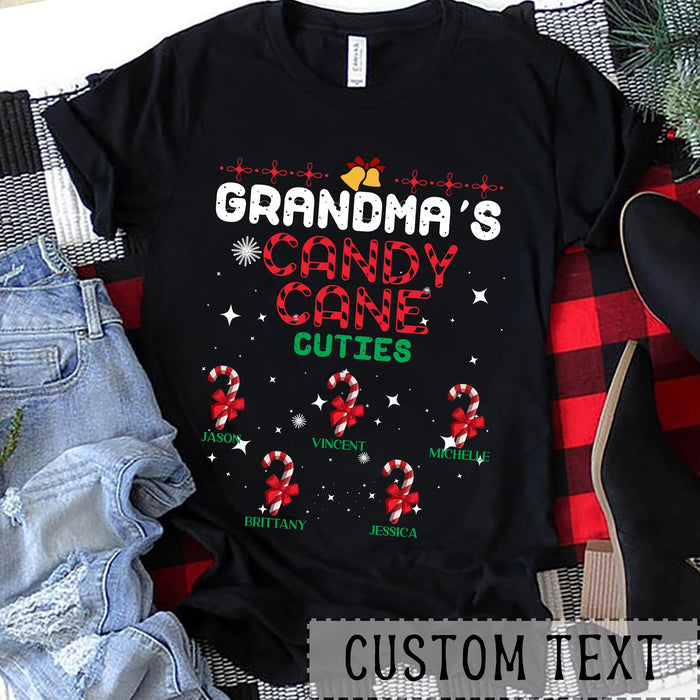 Personalized Grandma's Candy Cane Cuties Shirt For Nana Nini Mother Custom Grandkids Name Christmas Tee Graphic
