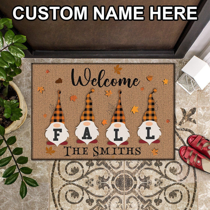 Personalized Doormat Welcome Fall With Cute Gnome Printed Plaid Hat And Maple Leaves Design Custom Family Name
