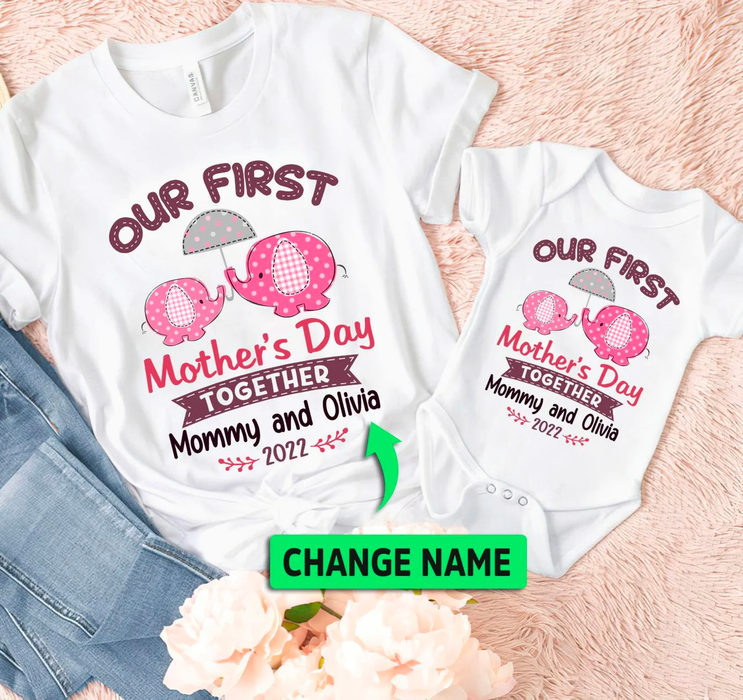 Personalized Matching T-Shirt & Baby Onesie Our First Mother'S Day Polka Dot Elephant With Umbrella Custom Name