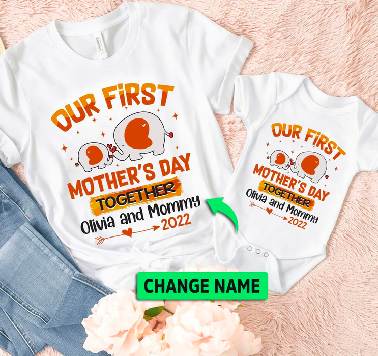 Personalized Matching T-Shirt & Baby Onesie Our First Mother'S Day Cute Elephant & Arrow Printed Custom Name