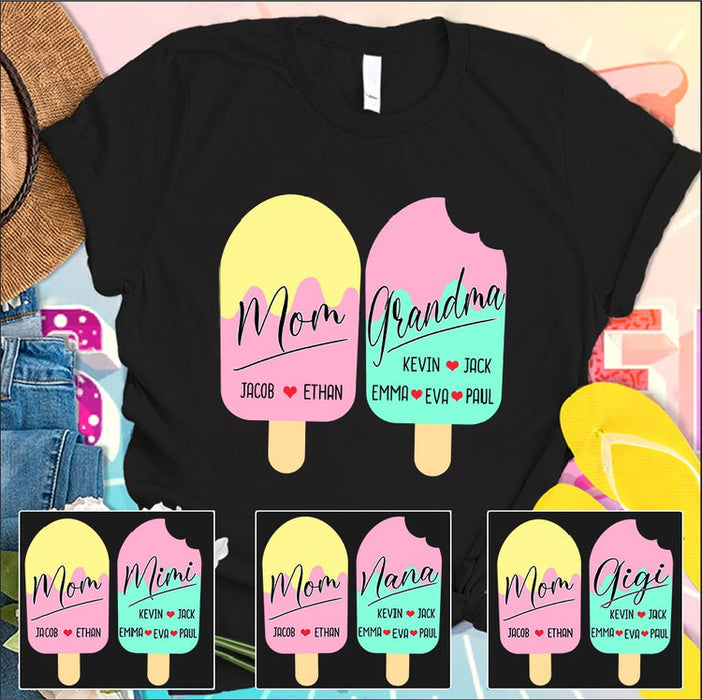 Personalized T-Shirt Mom Grandma Cute Ice Cream And Hearts Printed Custom Grandkids Name Mother'S Day Shirt