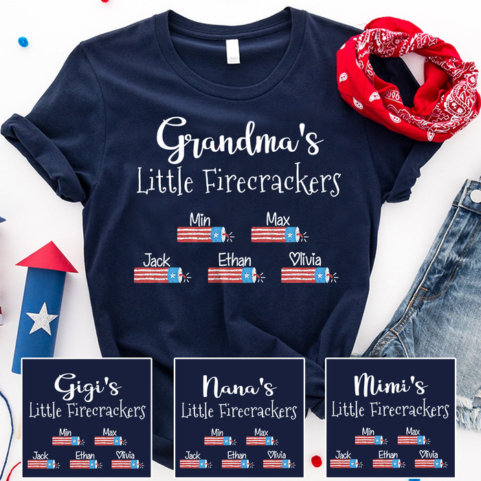 Personalized T-Shirt For Nana Grandma'S Little Firecrackers Custom Grandkids Name Independence Day Shirt