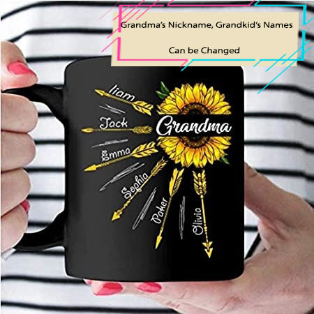 Personalized Sunflower Mug for Grandma Gifts New Grandma and Grandkids Name Arrow Black Coffee Mugs