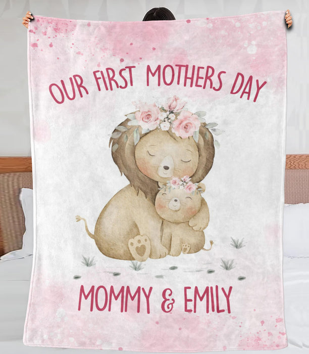 Personalized Premium Blanket For New Mom Our First Mother'S Day Mommy & Daughter Cute Lion & Pink Flower Custom Name