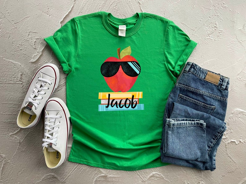 Personalized T-Shirt For Kid Cool Apple With Glasses & Book Printed Custom Name Back To School Outfit Shirt For Boy Girl