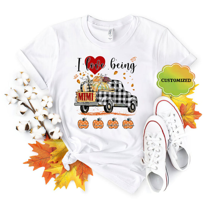 Personalized T-Shirt For Grandma I Love Being Mimi Plaid Pumpkin Truck Printed Custom Grandkid's Name Fall Shirt