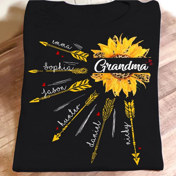 Personalized T-Shirt For Grandma Sunflower And Arrow Printed Custom Grandma's Nickname & Grandkid's Name Floral Shirt