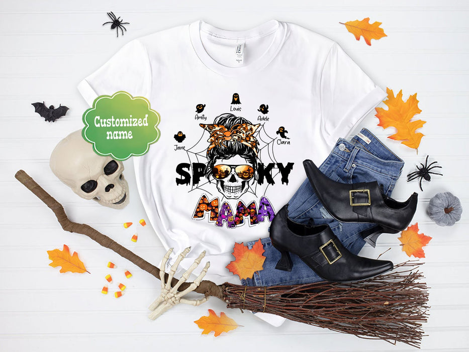 Personalized T-Shirt For Grandma Spooky Mama Messy Bun Hair With Pumpkin Spider Ghost Printed Custom Grandkid's Name