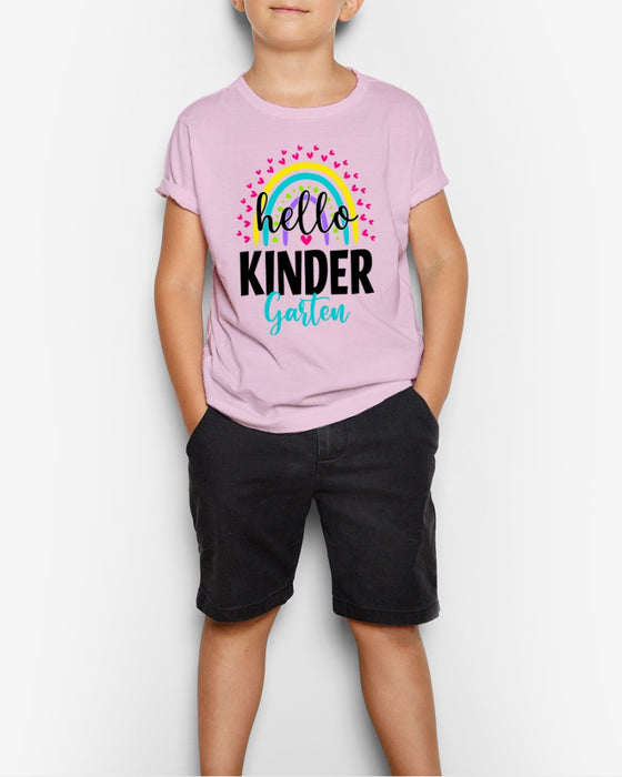 Personalized T-Shirt Hello Kindergarten Heart Rainbow Printed Color Design Custom Grade Level Back To School Outfit
