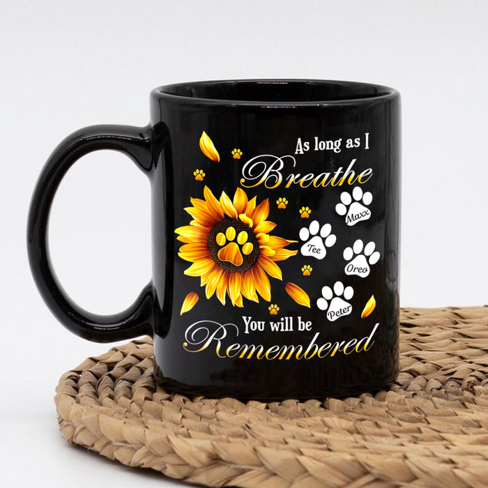 Personalized Memorial Coffee Mug For Loss Of Pet Sunflower As Long As I Breathe Custom Name White Cup Condolence Gifts