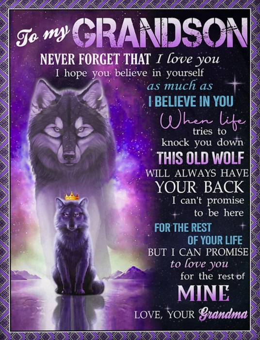 Personalized To My Grandson From Grandma Never Forget That I Love You Shadow Of Purple Wolf With Crown Printed Blanket