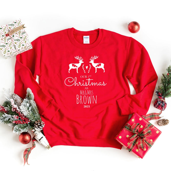 Personalized Our First Christmas As Mr & Mrs Matching Sweatshirt Newlywed Husband Wife Reindeer Printed