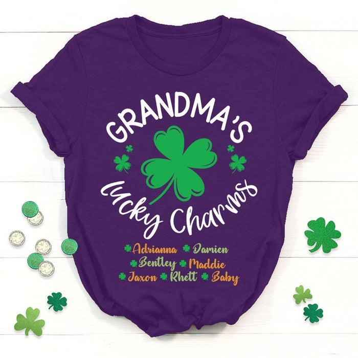 Personalized Patrick's Day T-Shirt Grandma Lucky Charms Cute Shamrock Printed Custom Grandkids Name