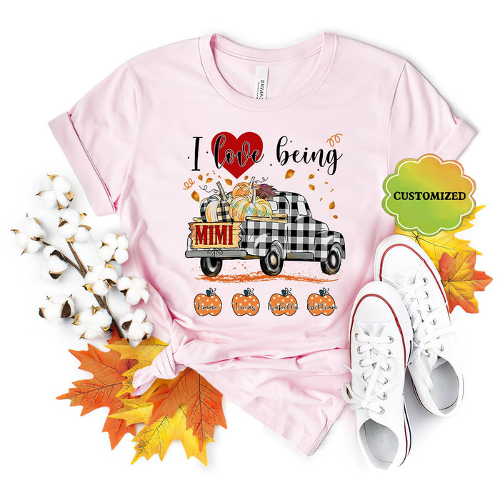 Personalized T-Shirt For Grandma I Love Being Mimi Plaid Pumpkin Truck Printed Custom Grandkid's Name Fall Shirt