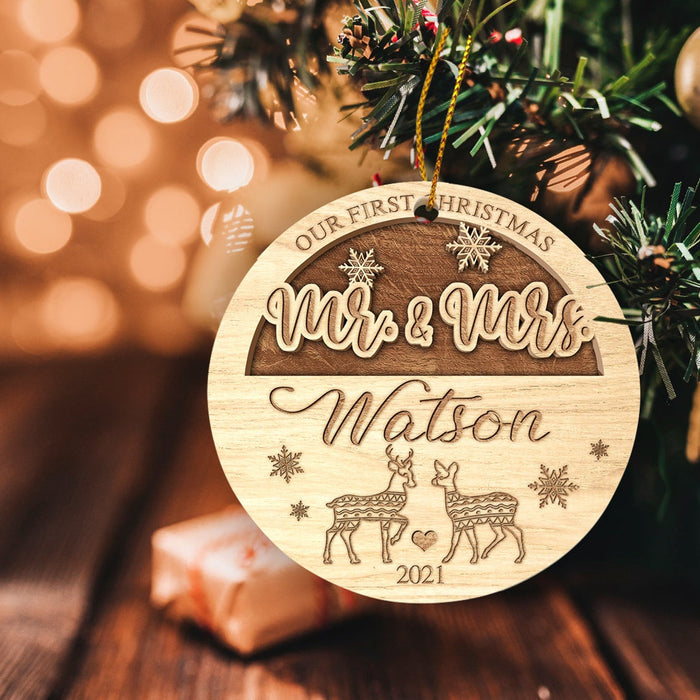 Personalized Newlywed Circle Ornament Our First Christmas As Mr & Mrs Print Deer Couple & Snowflakes Custom Names & Year