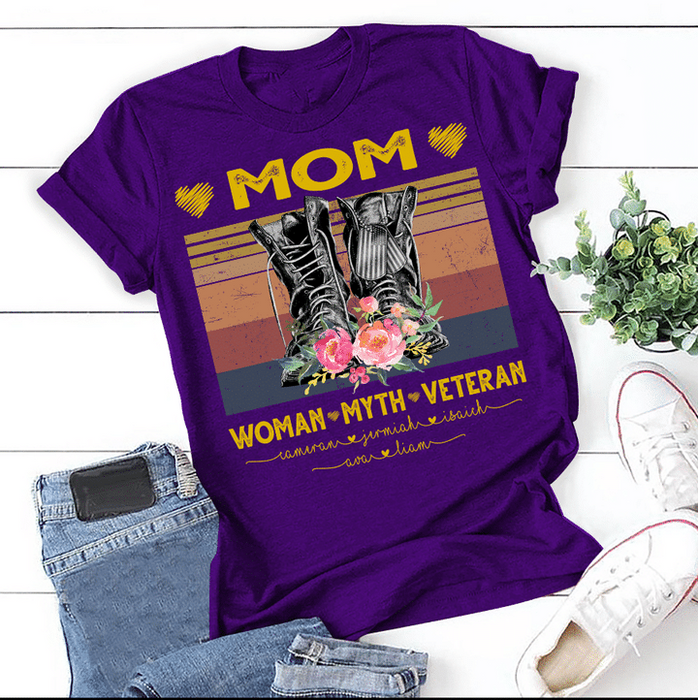 Personalized T-Shirt For Mom Woman Myth Veteran Military Combat Boot & Flower Printed Custom Kids Name