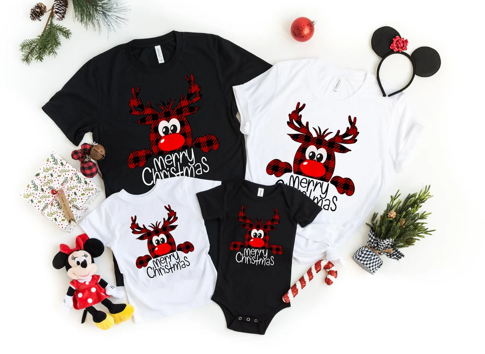 Red Buffalo Plaid Reindeer Christmas Shirt For Family Matching Funny Deer Horn Xmas Baby T-shirt Bodysuit For Boy Girl