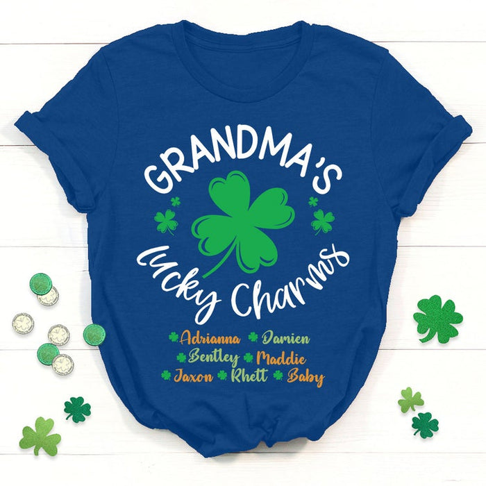 Personalized Patrick's Day T-Shirt Grandma Lucky Charms Cute Shamrock Printed Custom Grandkids Name