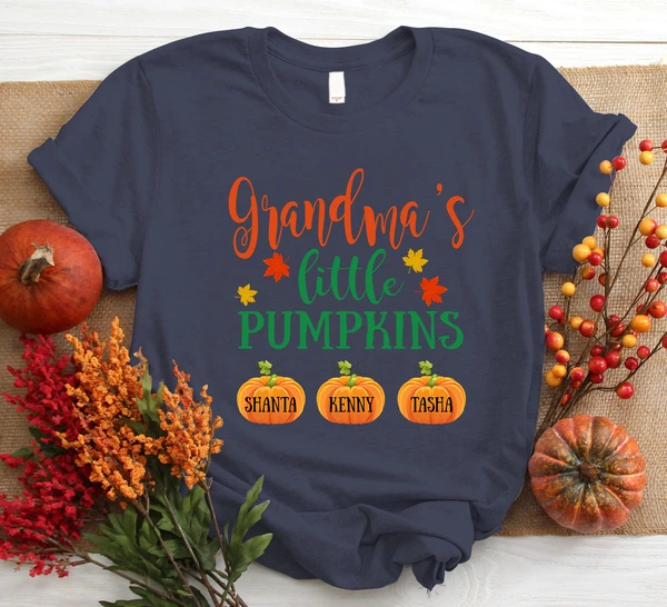 Personalized T-Shirt Grandma's Little Pumpkins Custom Grandkids Name Maple Leaves Printed Shirt For Halloween