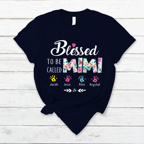 Personalized T-Shirt For Grandma Blessed To Be Called Mimi Floral Design With Handprint Custom Grandkid's Name