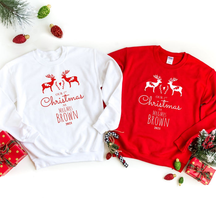Personalized Our First Christmas As Mr & Mrs Matching Sweatshirt Newlywed Husband Wife Reindeer Printed