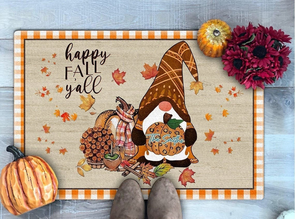 Personalized Doormat Happy Fall Y'all Cute Gnome With Pumpkin Flower Leaves Printed Leopard Design Custom Family Name