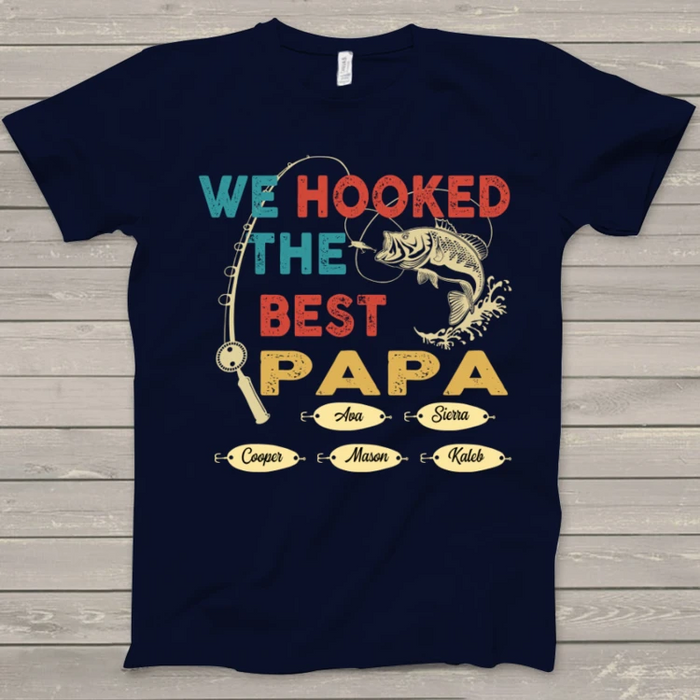 Personalized T-Shirt For Fishing Lovers Grandpa We Hooked The Best Papa Fish & Rod Printed Custom Grandkids Name