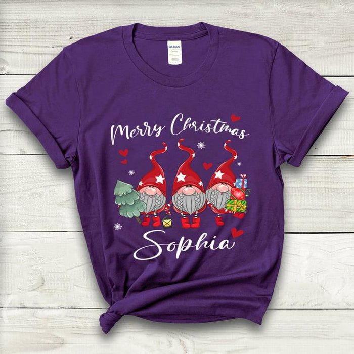 Personalized Unisex T-Shirt Merry Christmas Cute Gnome With Xmas Tree Heart & Snowflake Printed Custom Name