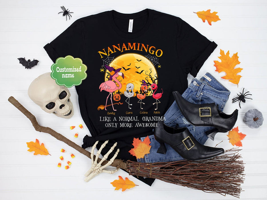 Personalized T-Shirt For Grandma Nanamingo Like A Normal Grandma Pink Flamingo Custom Grandkid's Name Halloween Design