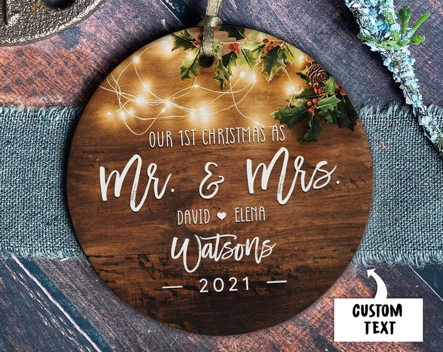 Personalized Circle Ornament For Newlywed Our First Christmas As Mr & Mrs Custom Names & Date Print Poinsettia & Lights