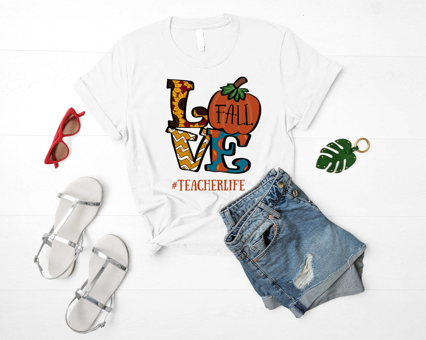 Classic Unisex T-Shirt For Teacher Love Fall Hashtag Teacherlife Sunflower Pumpkin Stripe Shirt Back To School Outfit