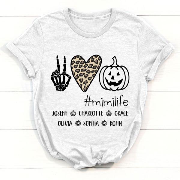 Personalized T-Shirt For Grandma Mimi Life Skeleton Hand Sign Leopard Heart Cute Pumpkin Printed Custom Grandkid's Name