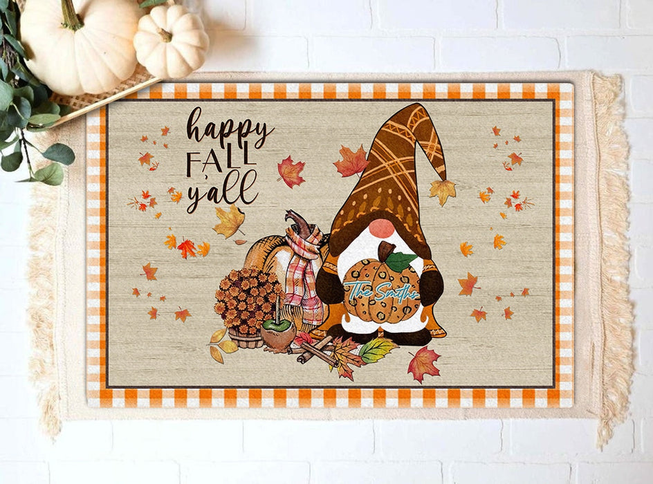 Personalized Doormat Happy Fall Y'all Cute Gnome With Pumpkin Flower Leaves Printed Leopard Design Custom Family Name