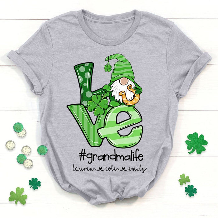 Personalized Patrick'S Day T-Shirt Love Hashtag Grandma Life Cute Gnome & Shamrock Printed Custom Grandkids Name