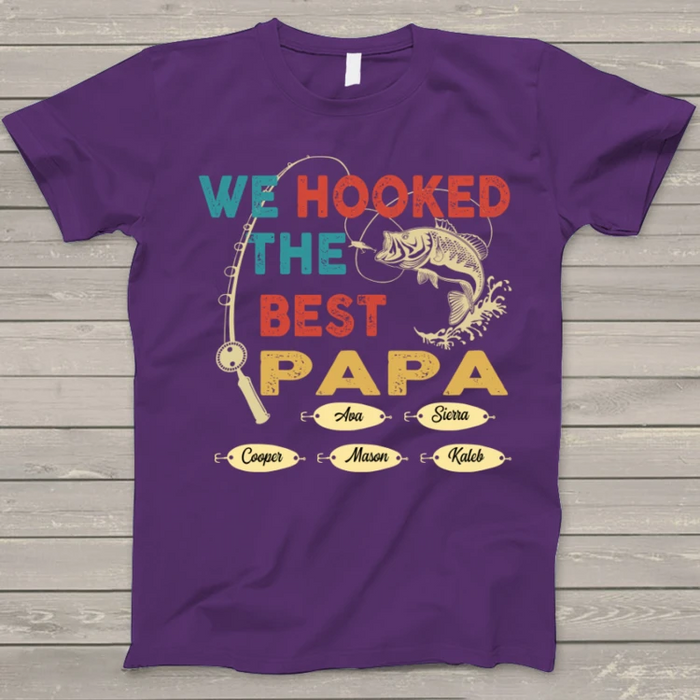 Personalized T-Shirt For Fishing Lovers Grandpa We Hooked The Best Papa Fish & Rod Printed Custom Grandkids Name
