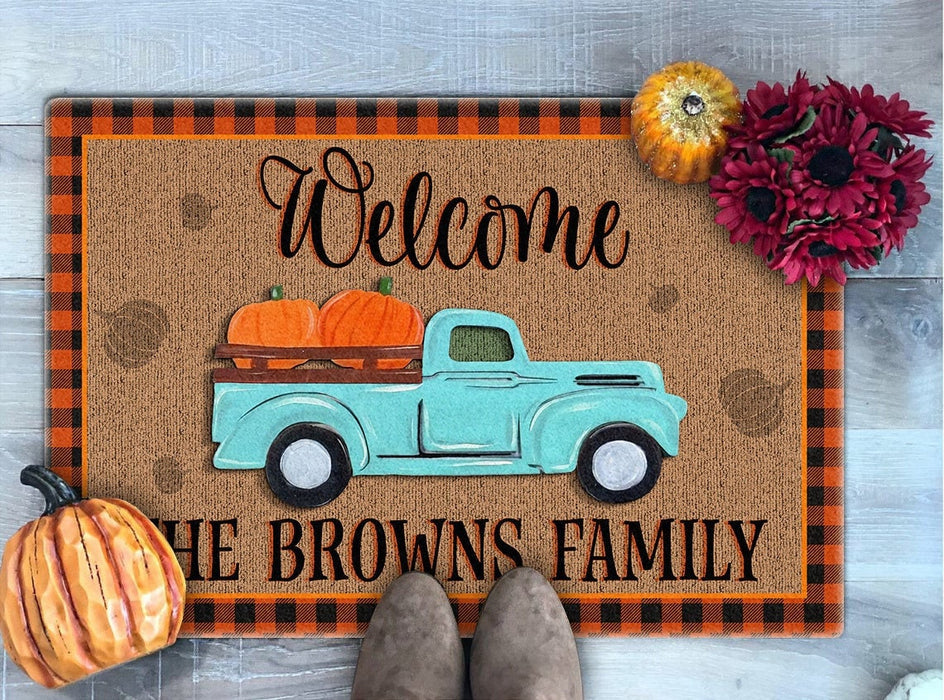 Personalized Welcome Doormat Pumpkin Truck Printed With Plaid Border Custom Family Name Fall Doormat