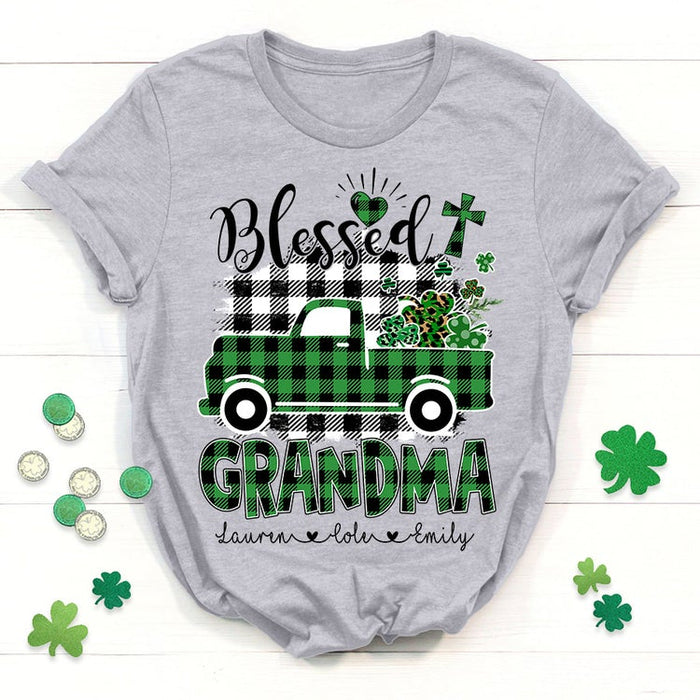 Personalized T-Shirt Blessed Grandma Green Plaid Truck & Christ Cross Printed Custom Grandkids Name