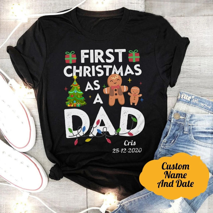 Personalized First Christmas As A Dad Gingerbread T-shirt For New Father To Be Custom Name And Date Xmas Tree Light Tee