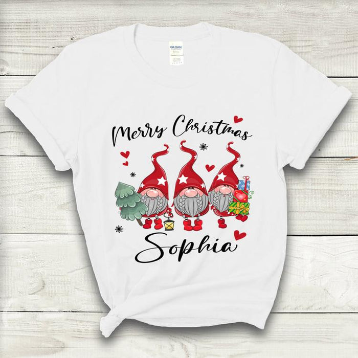 Personalized Unisex T-Shirt Merry Christmas Cute Gnome With Xmas Tree Heart & Snowflake Printed Custom Name
