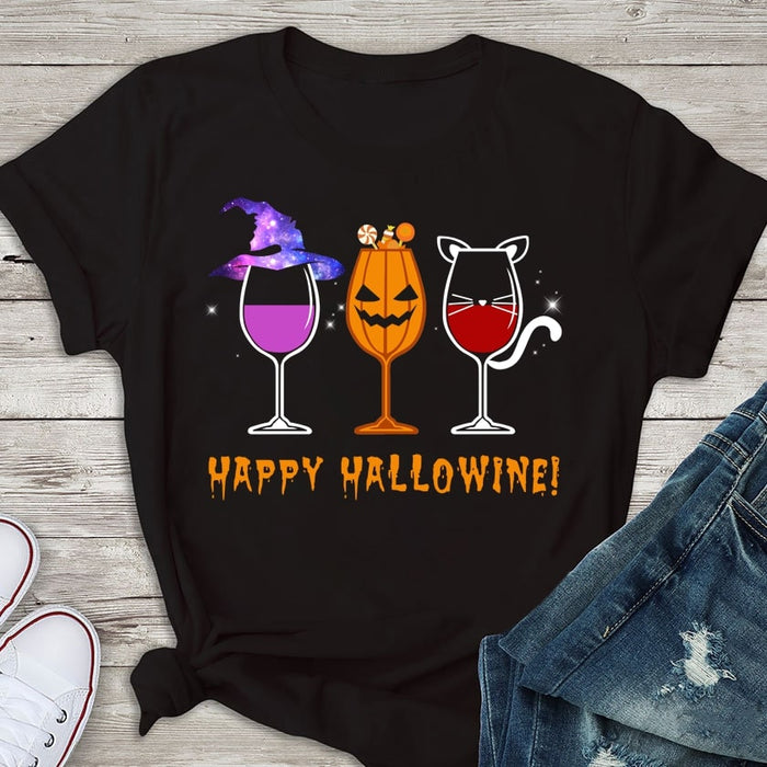 Classic T-Shirt For Drinking Lovers Happy Hallowine Cute Witch Pumpkin & Cat Wine Glass Orange Design Halloween Shirt